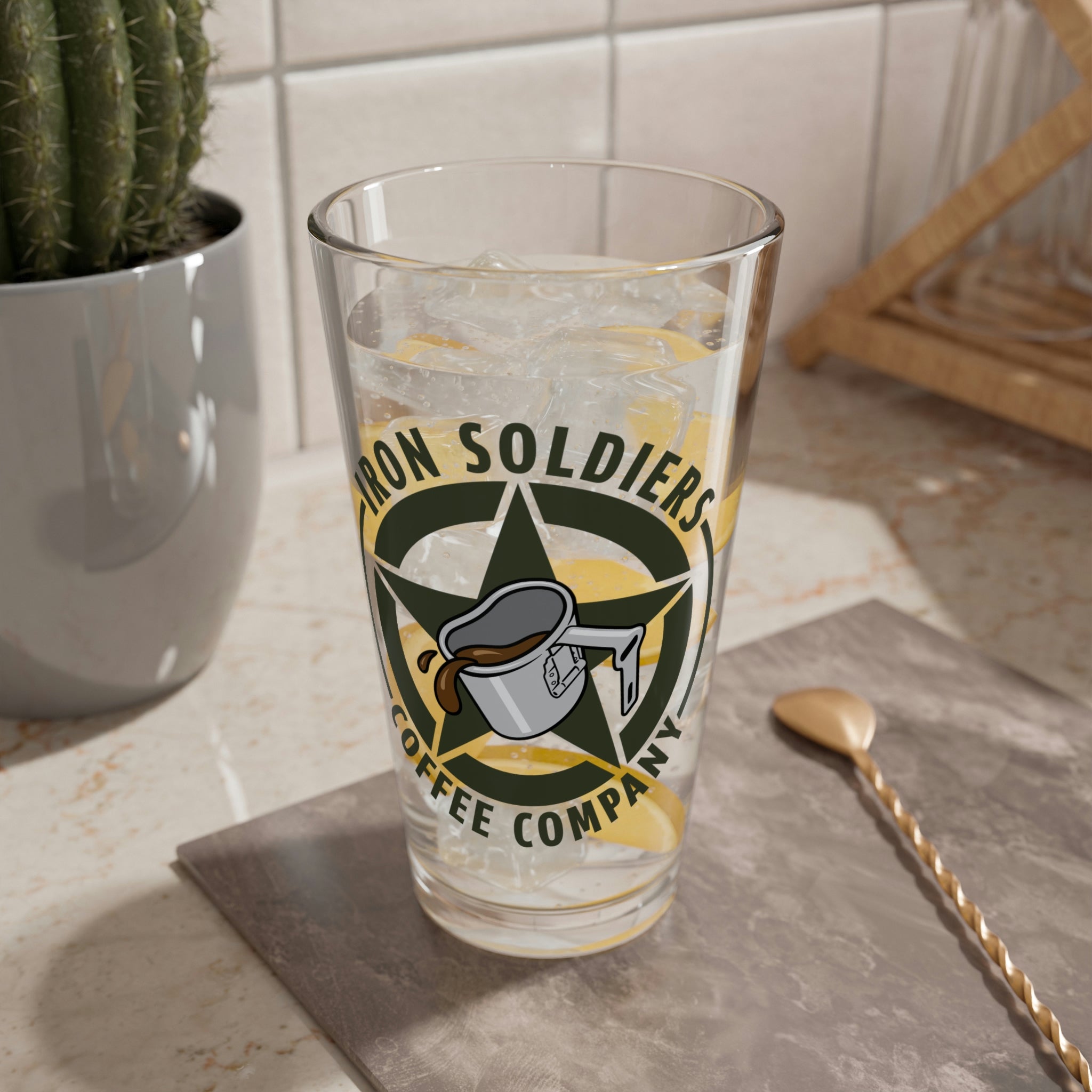 A201 - Iron Soldiers Logo Mixing Glass, 16oz