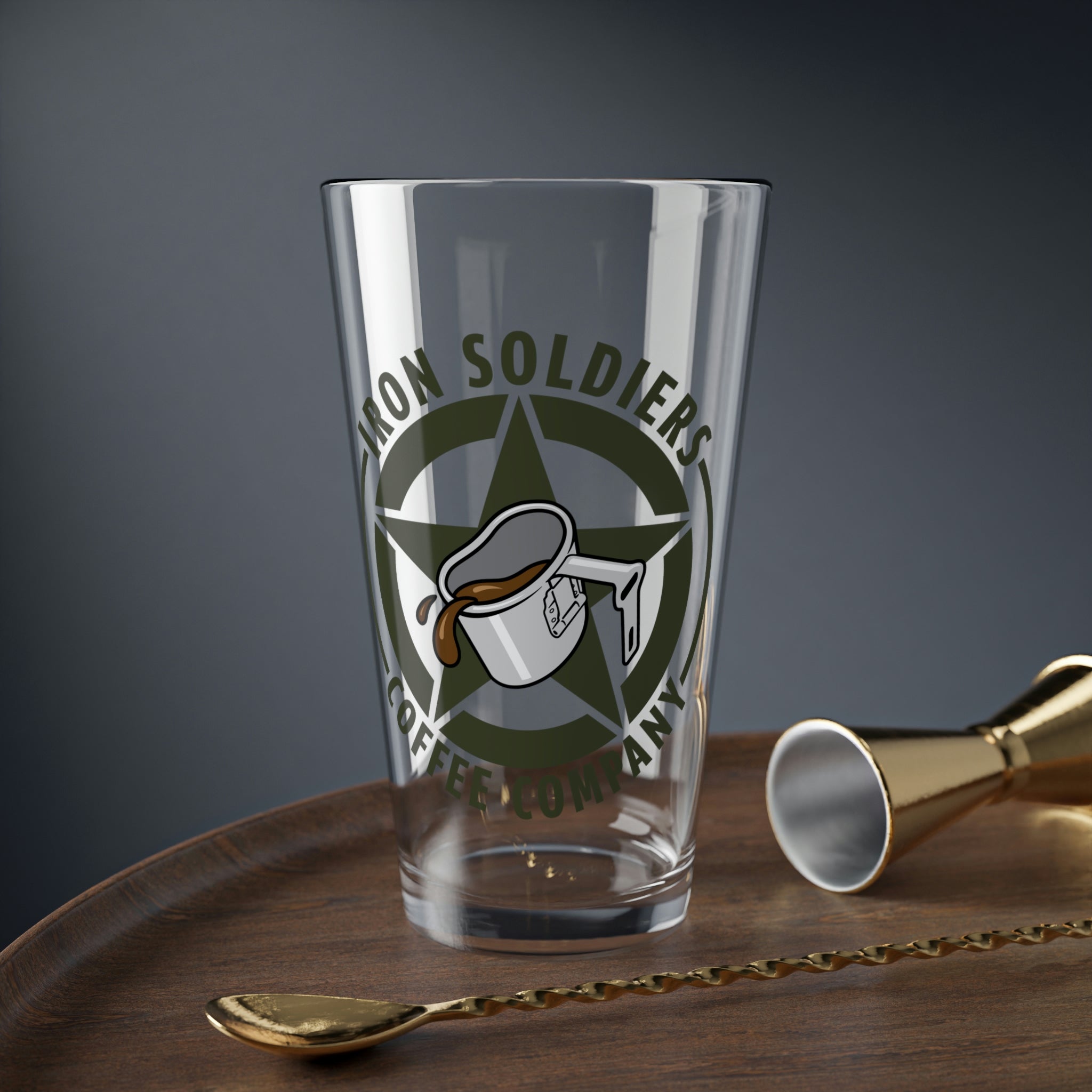 A201 - Iron Soldiers Logo Mixing Glass, 16oz